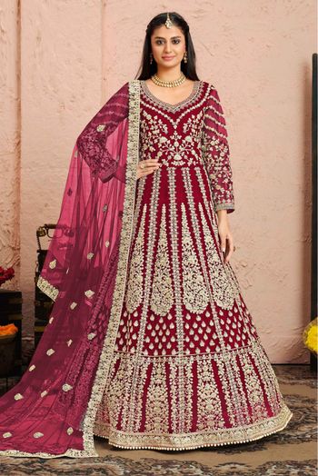 Net Embroidery Anarkali Suit In Red Colour-SM1640661