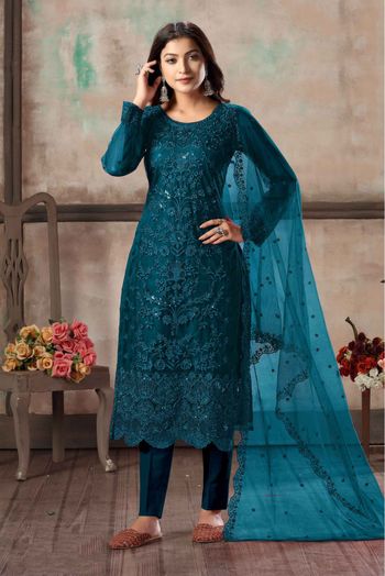 Net Embroidery Pant Style Suit In Blue Colour-SM1640651