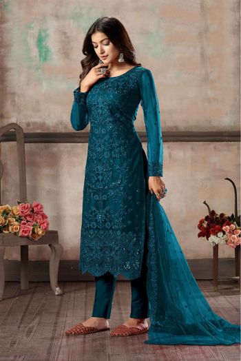 Net Embroidery Pant Style Suit In Blue Colour-SM1640651