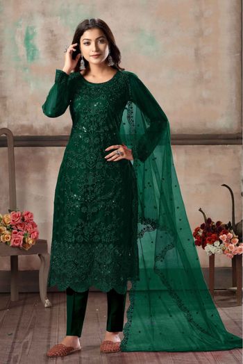 Net Embroidery Pant Style Suit In Green Colour-SM1640652