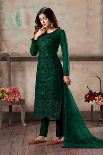 Net Embroidery Pant Style Suit In Green Colour-SM1640652