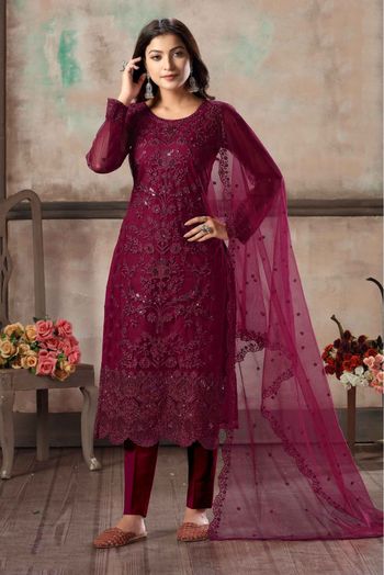 Net Embroidery Pant Style Suit In Marron Colour-SM1640650