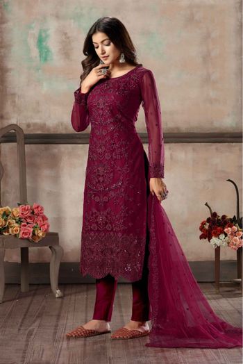 Net Embroidery Pant Style Suit In Marron Colour-SM1640650