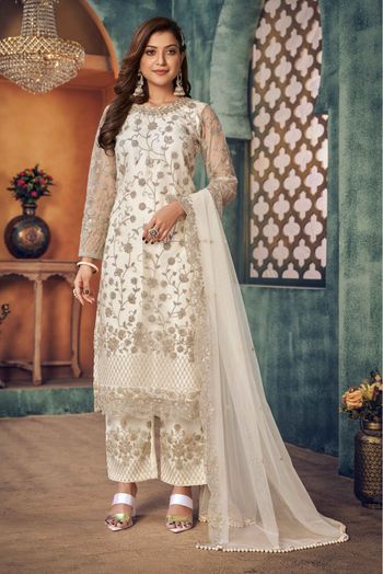 Net Embroidery Pant Style Suit In Off White Colour-SM1640733