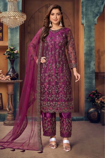 Net Embroidery Pant Style Suit In Wine Colour-SM1640734