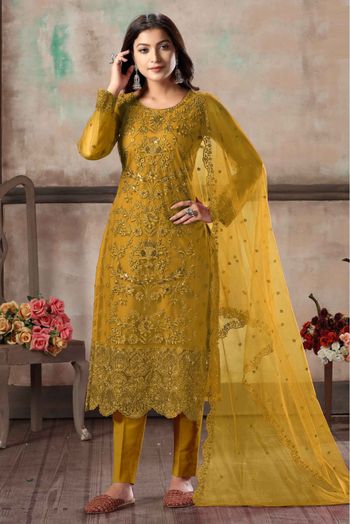 Net Embroidery Pant Style Suit In Yellow Colour-SM1640653