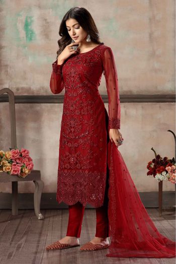 Net Thread Work Pant Style Suit In Red Colour-SM1640649