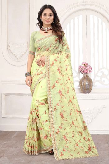 Organza Designer Saree In Lime Yellow Colour - SR4690624