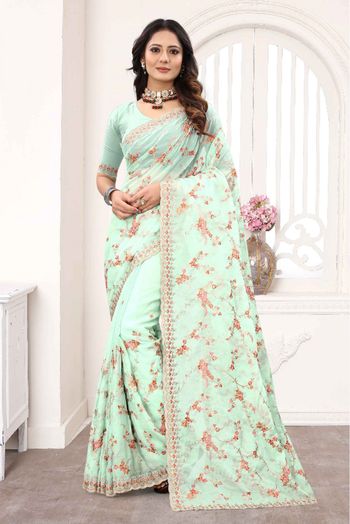 Organza Designer Saree In Sea Green Colour - SR4690623