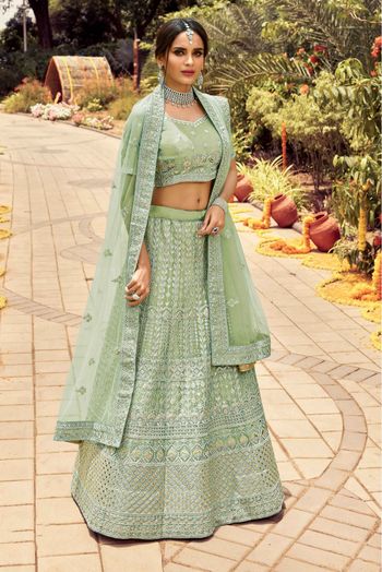 Organza Resham Work Lehenga Choli In Pastal Green Colour - LD4900750