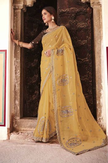 Organza Zari Work Saree In Mustard Colour - SR4900795