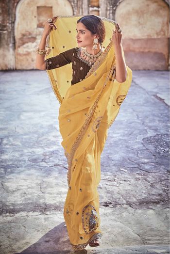 Organza Zari Work Saree In Mustard Colour - SR4900795