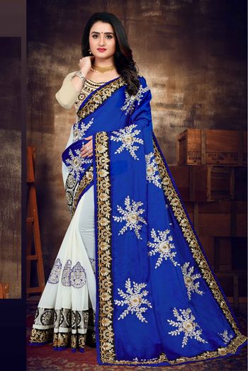 Glitzy White And Navy Blue Color Kanjiwaram Silk Base Wedding Wear Saree