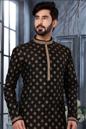 Silk Digital Print Kurta Pajama In Black Colour - KP4120470