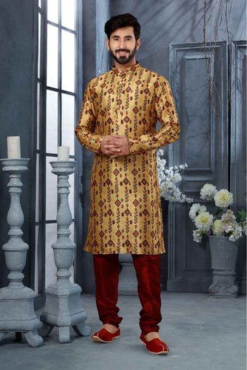 Silk Digital Print Kurta Pajama In Gold Colour - KP4120494