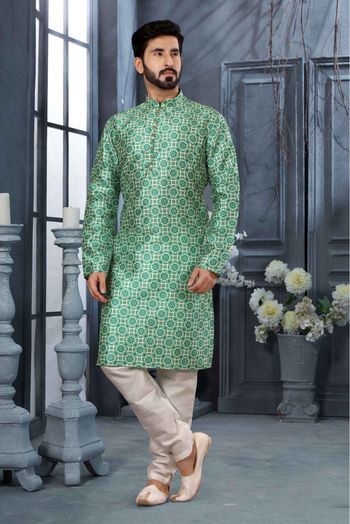 Silk Digital Print Kurta Pajama In Green And Cream Colour - KP4120500