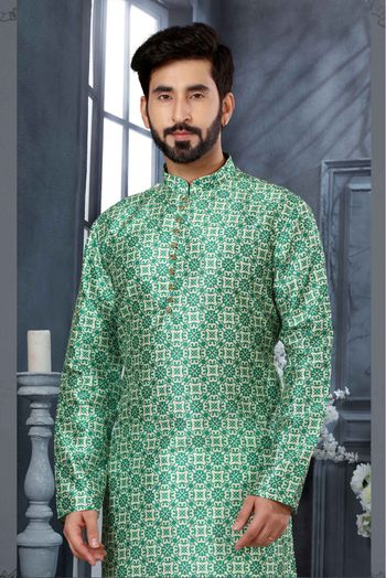 Silk Digital Print Kurta Pajama In Green And Cream Colour - KP4120500