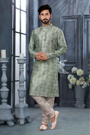 Silk Digital Print Kurta Pajama In Green Colour - KP4120513