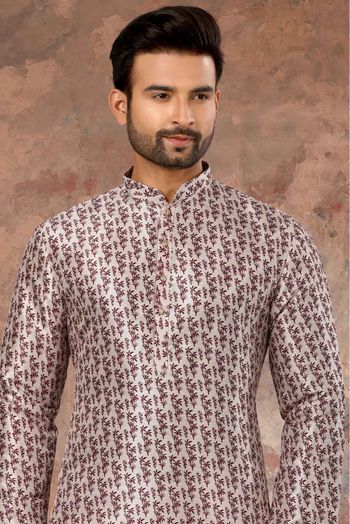 Silk Digital Print Kurta Pajama In Off White Colour - KP4120467