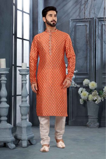 Silk Digital Print Kurta Pajama In Orange Colour - KP4120502