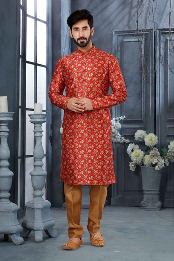 Silk Digital Print Kurta Pajama In Red  Colour - KP4120492