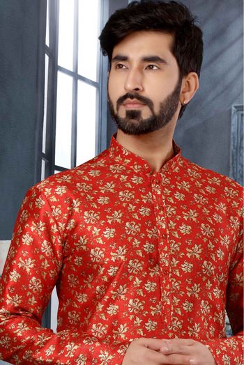 Silk Digital Print Kurta Pajama In Red  Colour - KP4120492