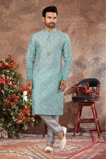 Silk Digital Print Kurta Pajama In Sky Blue Colour - KP4120495