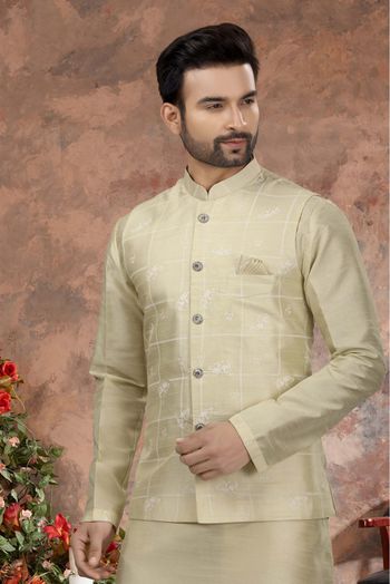 Silk Dupion Printed Kurta Pajama With Jacket In Cream Colour - KP4120517