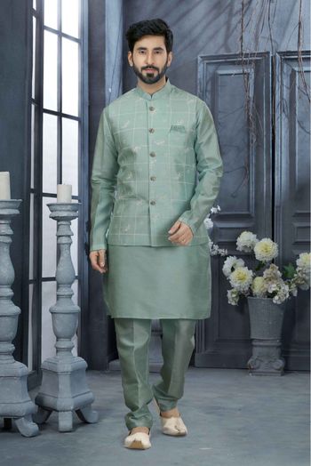 Silk Dupion Printed Kurta Pajama With Jacket In Green Colour - KP4120516
