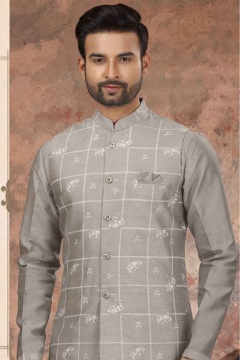 Silk Dupion Printed Kurta Pajama With Jacket In Grey Colour - KP4120519