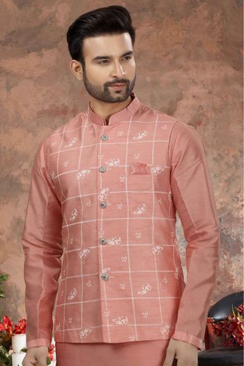 Silk Dupion Printed Kurta Pajama With Jacket In Light Pink Colour - KP4120514