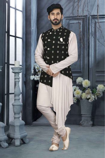 Silk Dupion Printed Kurta Pajama With Jacket In Off White And Black Colour - KP4120515