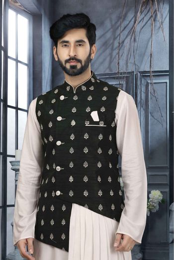 Silk Dupion Printed Kurta Pajama With Jacket In Off White And Black Colour - KP4120515