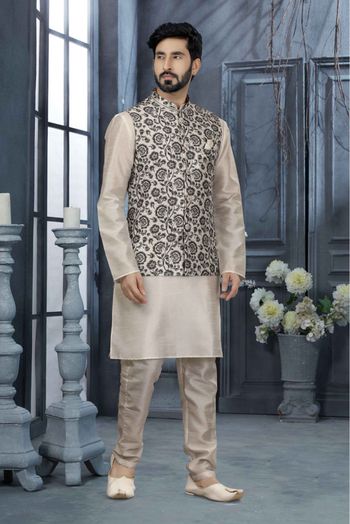 Silk Dupion Printed Kurta Pajama With Jacket In Off White Colour - KP4120518