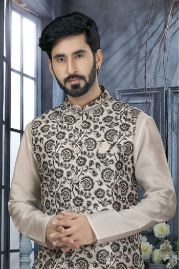 Silk Dupion Printed Kurta Pajama With Jacket In Off White Colour - KP4120518