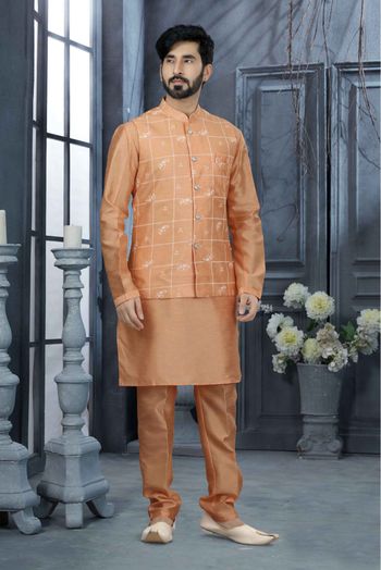 Silk Dupion Printed Kurta Pajama With Jacket In Peach Colour - KP4120521