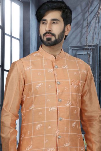 Silk Dupion Printed Kurta Pajama With Jacket In Peach Colour - KP4120521