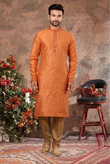 Silk Stone Work Kurta Pajama In Orange Colour - KP4120471