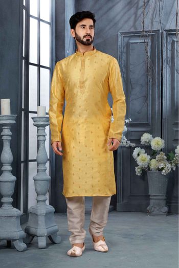 Silk Stone Work Kurta Pajama In Yellow Colour - KP4120482