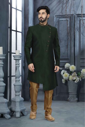 Silk Stone Work Sherwani In Bottle Green Colour - SH4120558