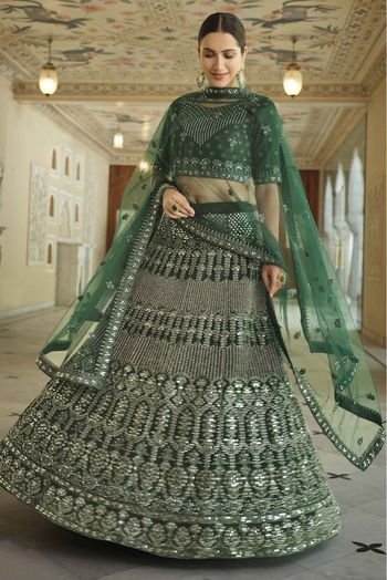 green Heavy Mirror Embroidred Work Soft net lehenga choli with blouse -  Callan Sports - 3563402