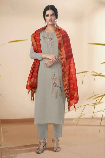 Stitched Cotton Embroidery Pant Style Suit In Grey Colour - SS1357119