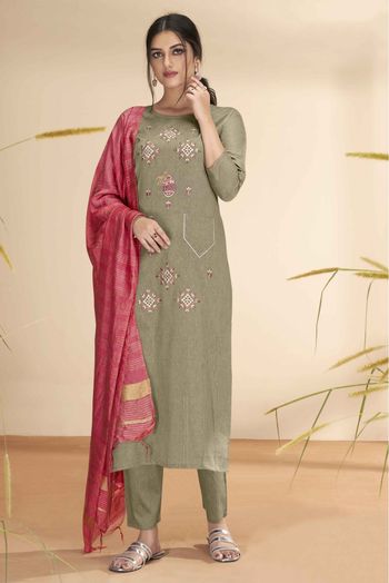 Stitched Cotton Embroidery Pant Style Suit In Olive Green Colour - SS1357117