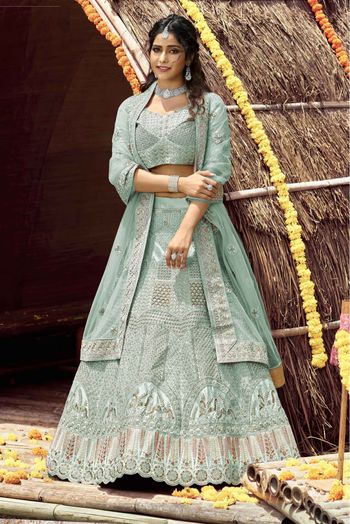 Velvet Resham Work Lehenga Choli In Green Colour - LD4900768