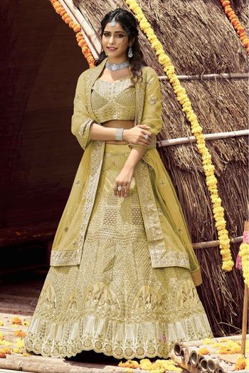 Velvet Resham Work Lehenga Choli In Olive Green Colour - LD4900766