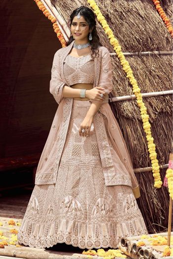 Velvet Resham Work Lehenga Choli In Peach Colour - LD4900767