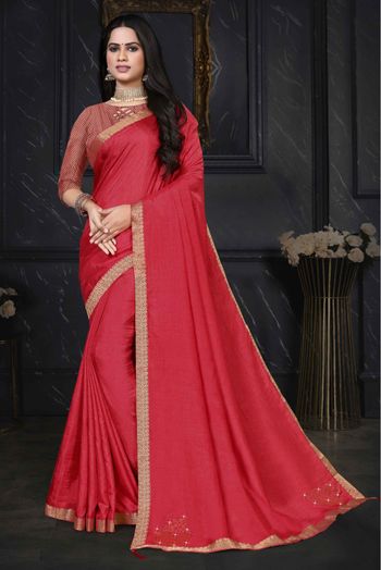 Vichitra Silk Embroidery Saree In Onion Pink Colour - SR5640893