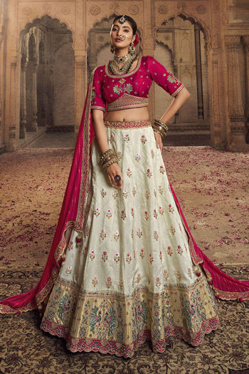 Off White Embroidered Semi-Stitched Lehenga & Unstitched Blouse With D –  Inddus.com