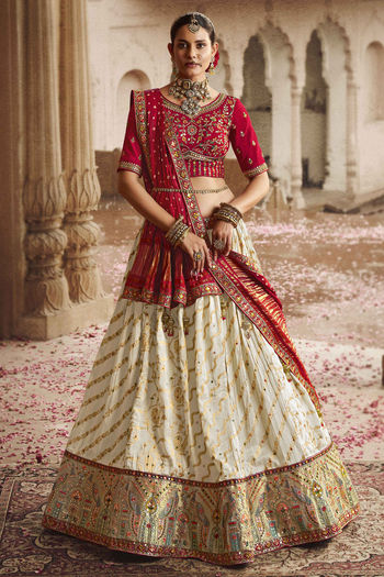 Off White and Red Lehenga Choli Dupatta Bridal Dress