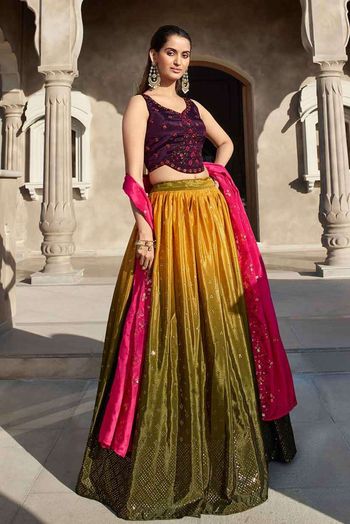 Chinon Silk Embellished Mirror Thread Embroidered Sequince  Lehenga Choli